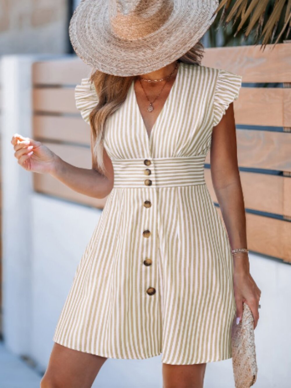 Island Dreamin' Beige and White Striped V-neck Dress Size Medium NWT